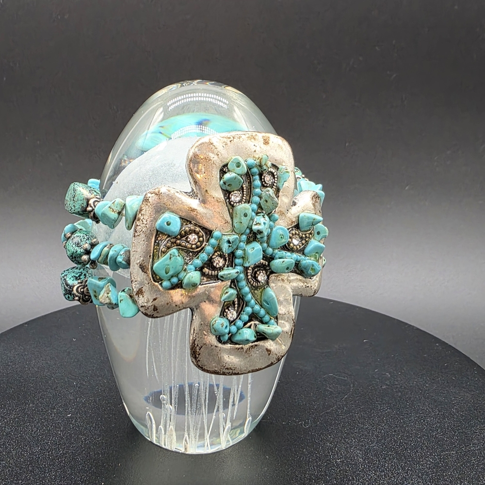 Turquoise Stone Cross Stretch Cuff Bracelet